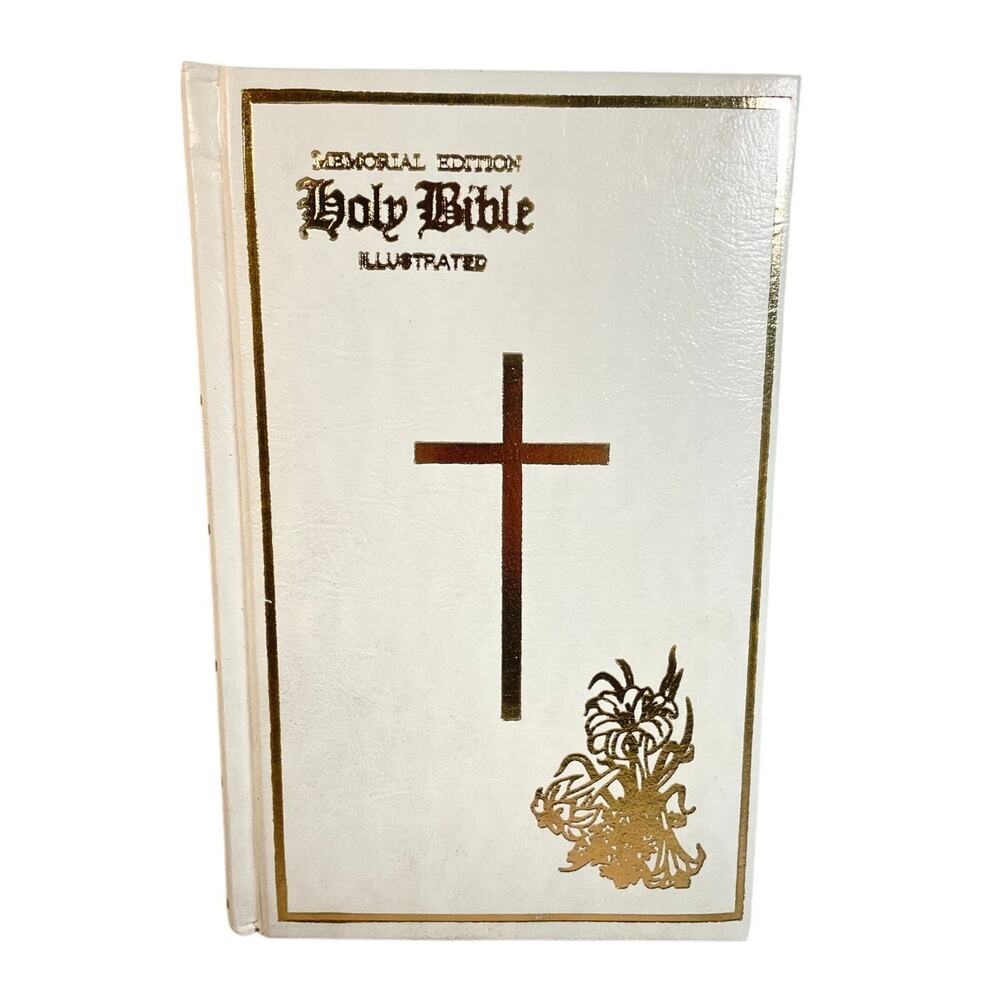 Vtg 1976 Holy Bible Memorial Edition New American Leather Illustrated White Gold